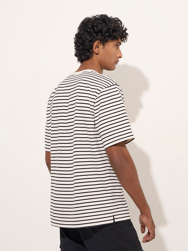 WES Casuals White Striped Relaxed-Fit Cotton T-Shirt