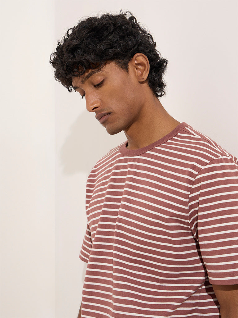 WES Casuals Brown Stripe Printed Relaxed-Fit Cotton T-Shirt