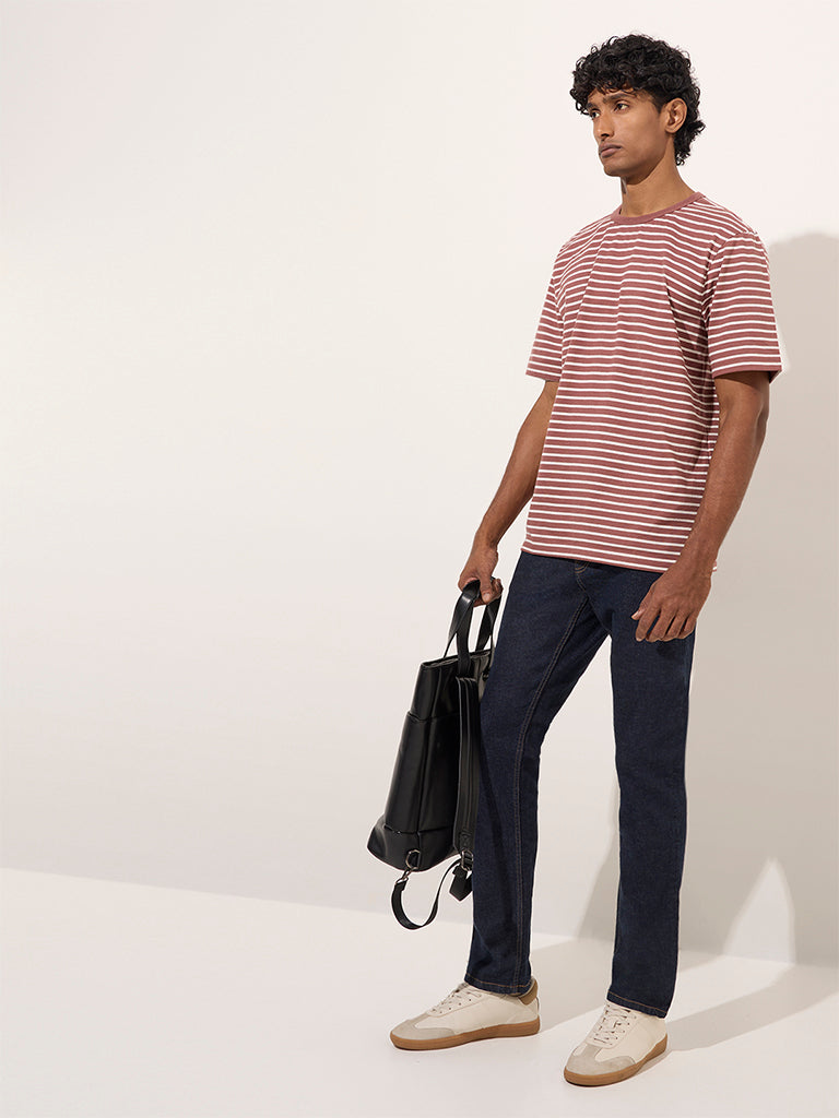 WES Casuals Brown Stripe Printed Relaxed-Fit Cotton T-Shirt