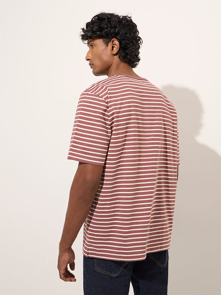 WES Casuals Brown Stripe Printed Relaxed-Fit Cotton T-Shirt