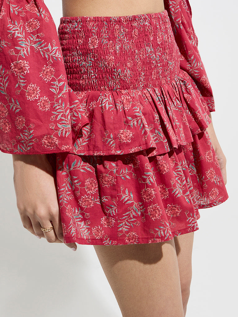 Bombay Paisley Red Floral High-Rise Cotton Tiered Skirt