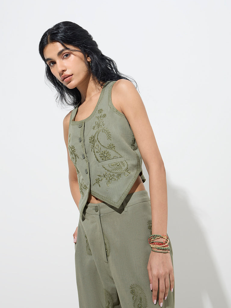 Bombay Paisley Olive Waistcoat-Style Cotton-Blend Top