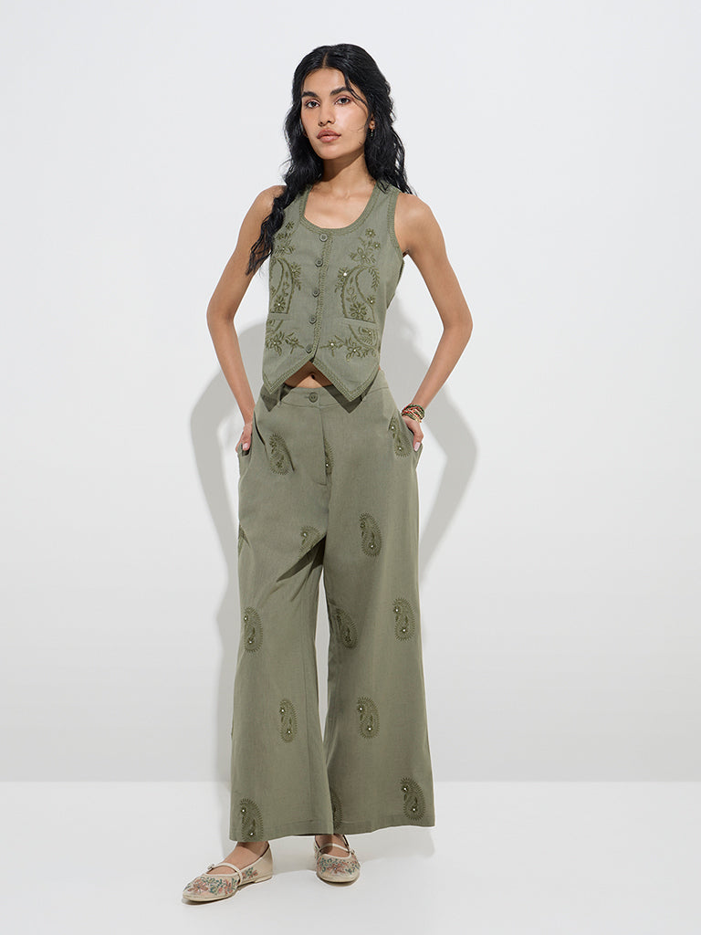 Bombay Paisley Olive Waistcoat-Style Cotton-Blend Top