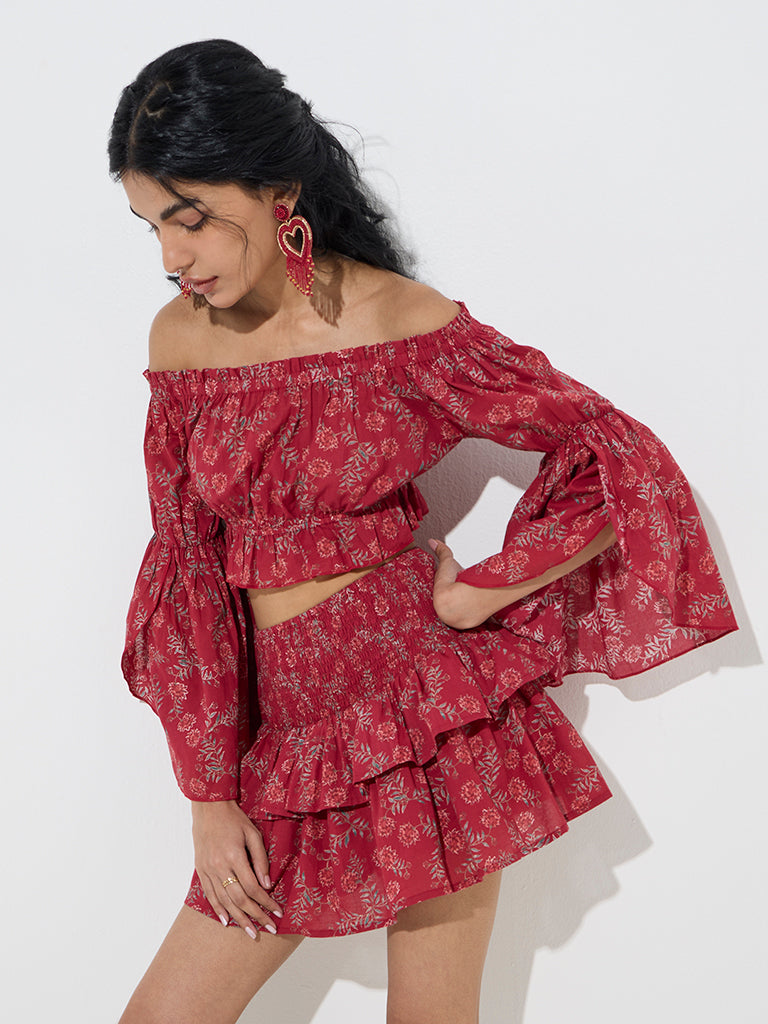 Bombay Paisley Red Floral Design Off-Shoulder Cotton Top