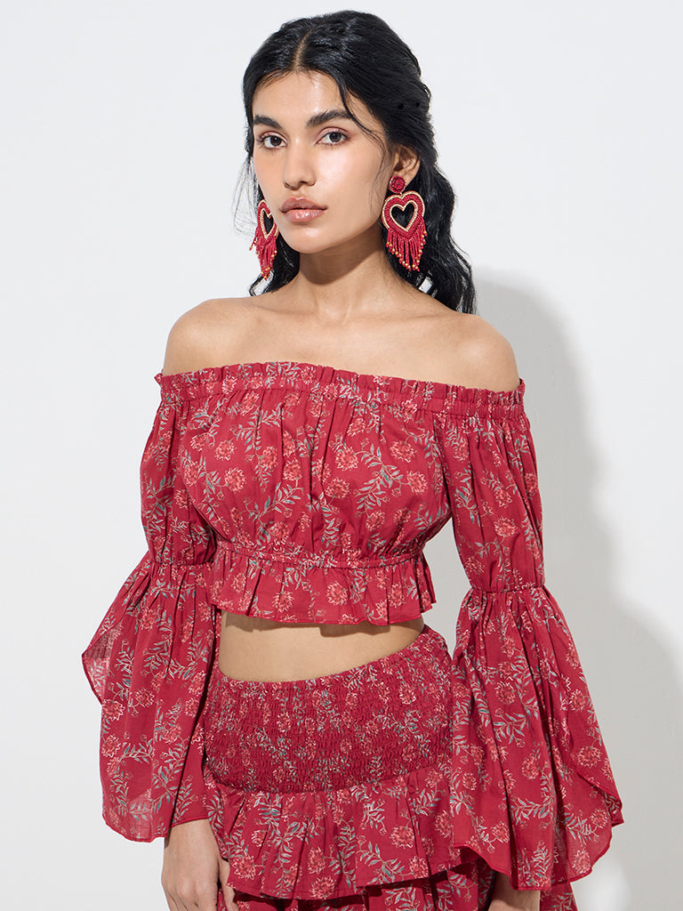 Bombay Paisley Red Floral Design Off-Shoulder Cotton Top