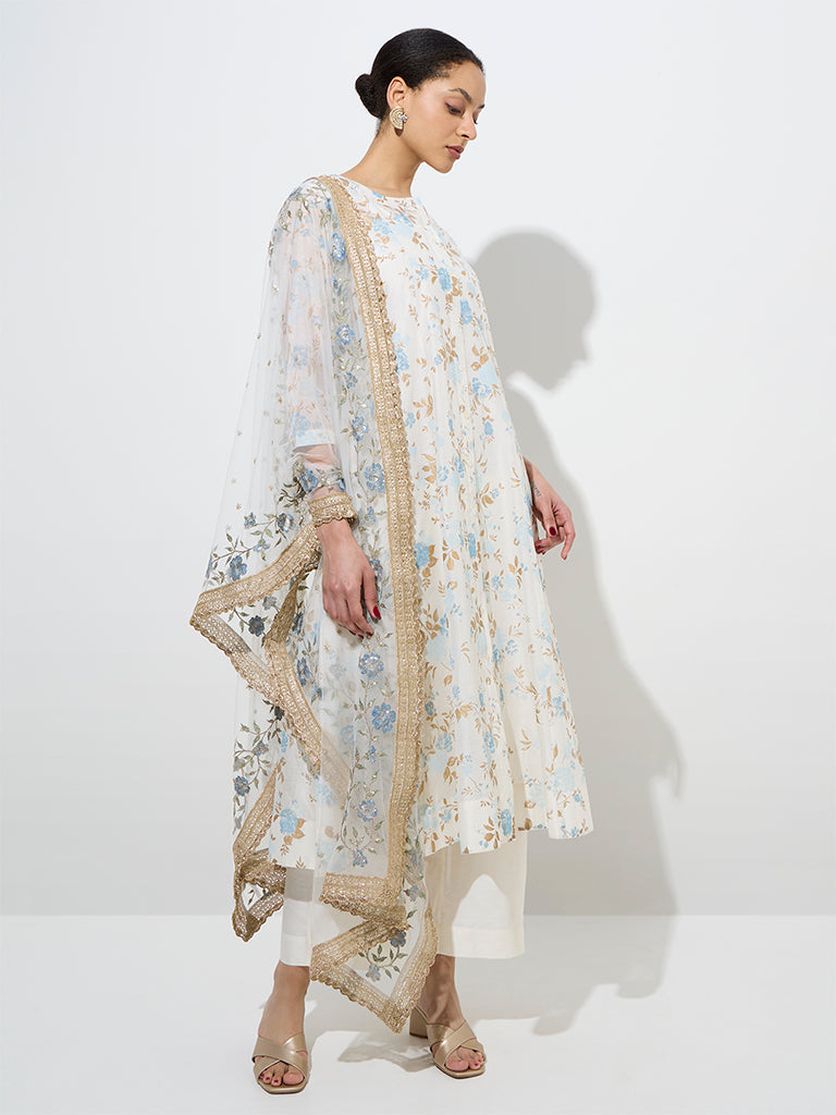 Vark White A-Line Cotton-Blend Kurta Inner, Pants & Dupatta Set