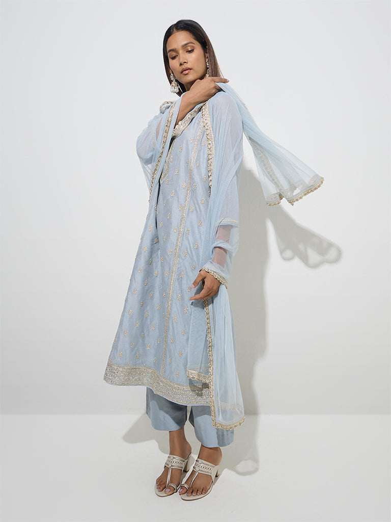 Vark Light Blue Cotton-Blend Kurta, Palazzos & Dupatta Set