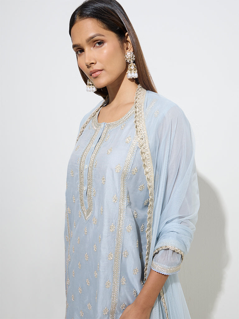 Vark Light Blue Cotton-Blend Kurta, Palazzos & Dupatta Set