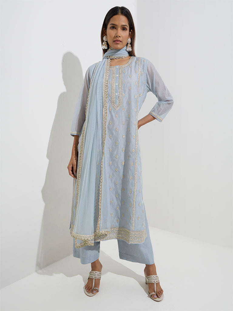 Vark Light Blue Cotton-Blend Kurta, Palazzos & Dupatta Set