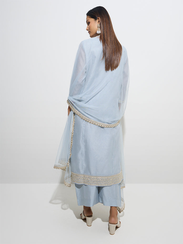 Vark Light Blue Cotton-Blend Kurta, Palazzos & Dupatta Set