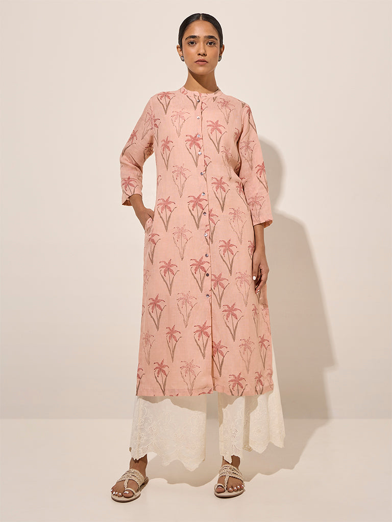 Zuba Peach Foliage Printed Straight Cotton Kurta