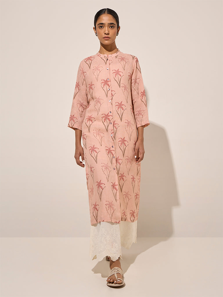 Zuba Peach Foliage Printed Straight Cotton Kurta