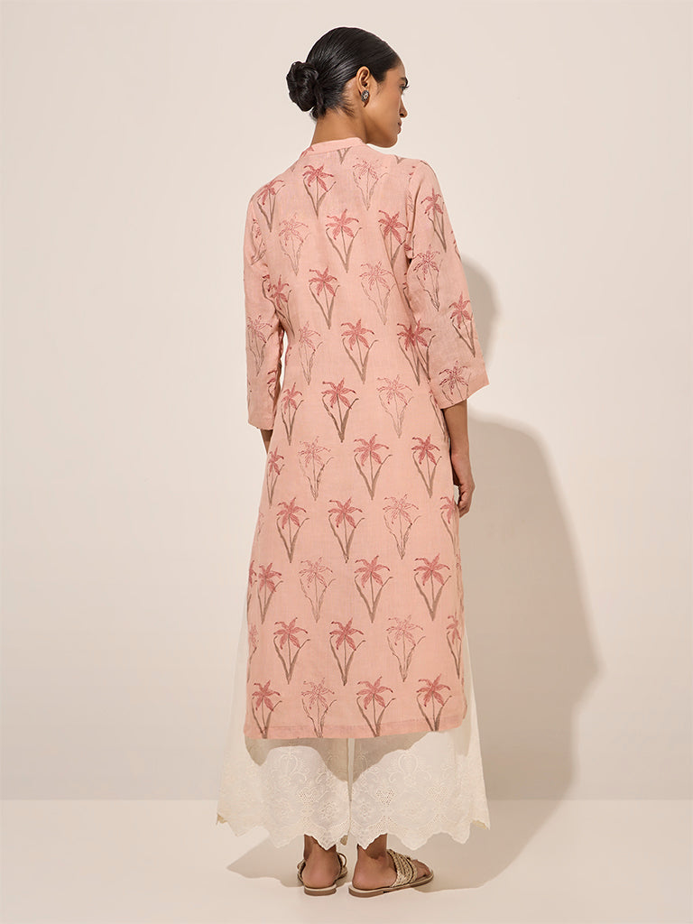 Zuba Peach Foliage Printed Straight Cotton Kurta