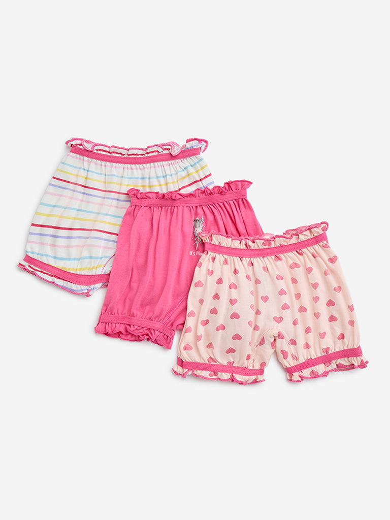 HOP Kids Pink Printed Cotton Bloomers - Pack of 3