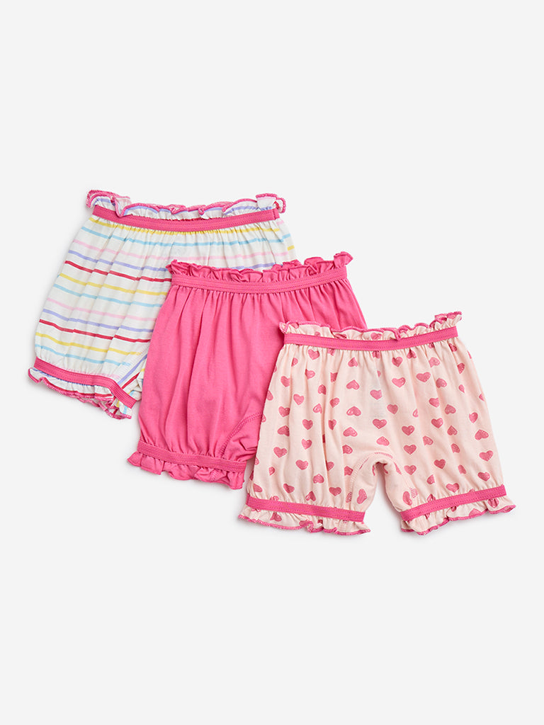 HOP Kids Pink Printed Cotton Bloomers - Pack of 3