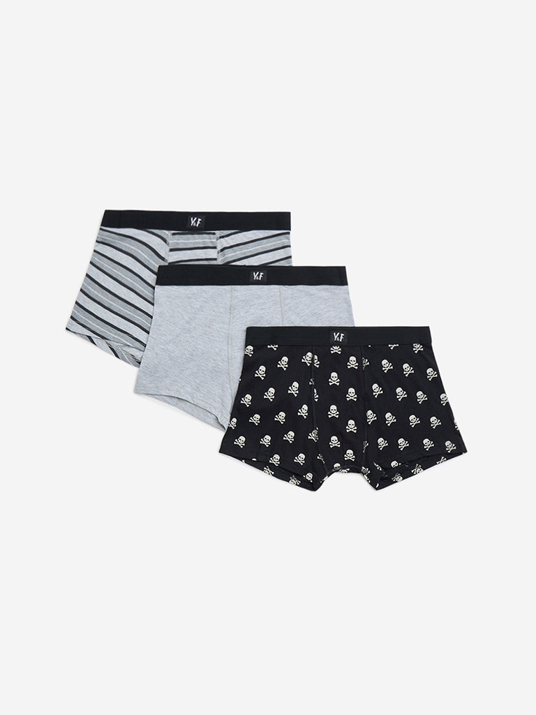 Y&F Kids Black Printed Cotton Trunks - Pack of 3