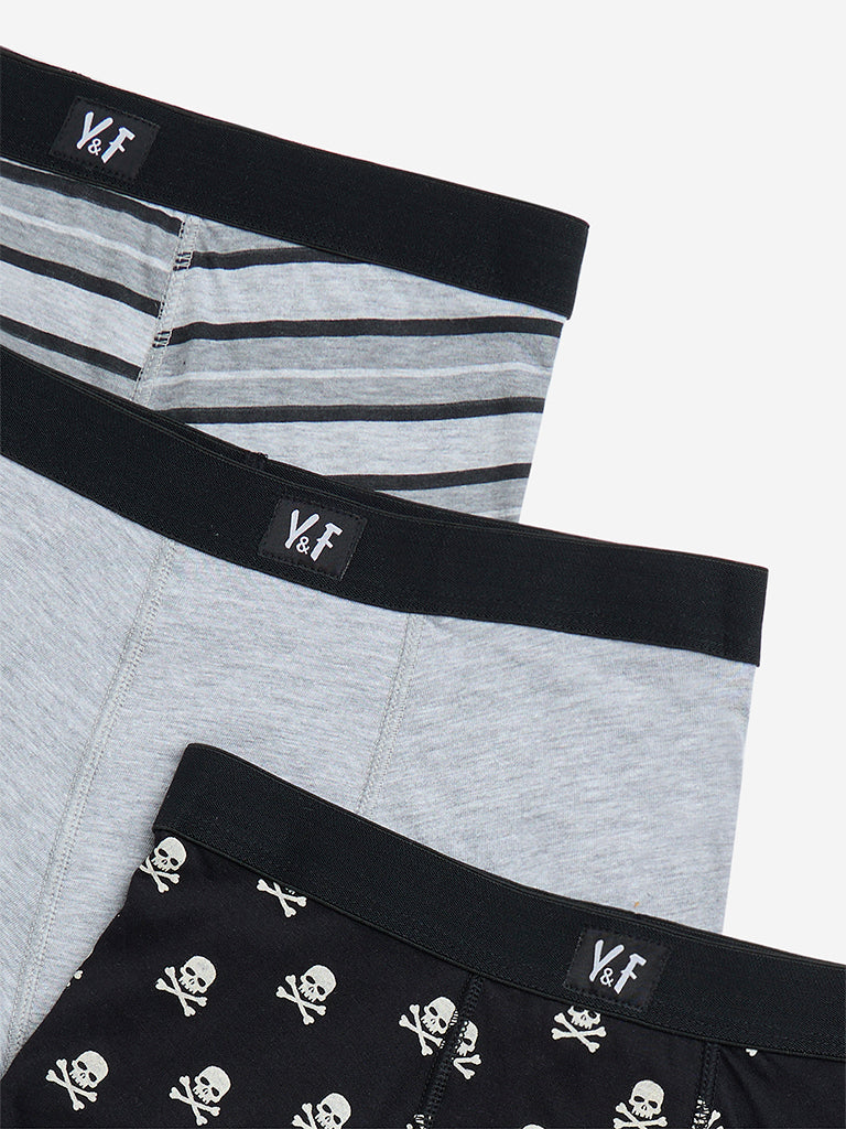 Y&F Kids Black Printed Cotton Trunks - Pack of 3