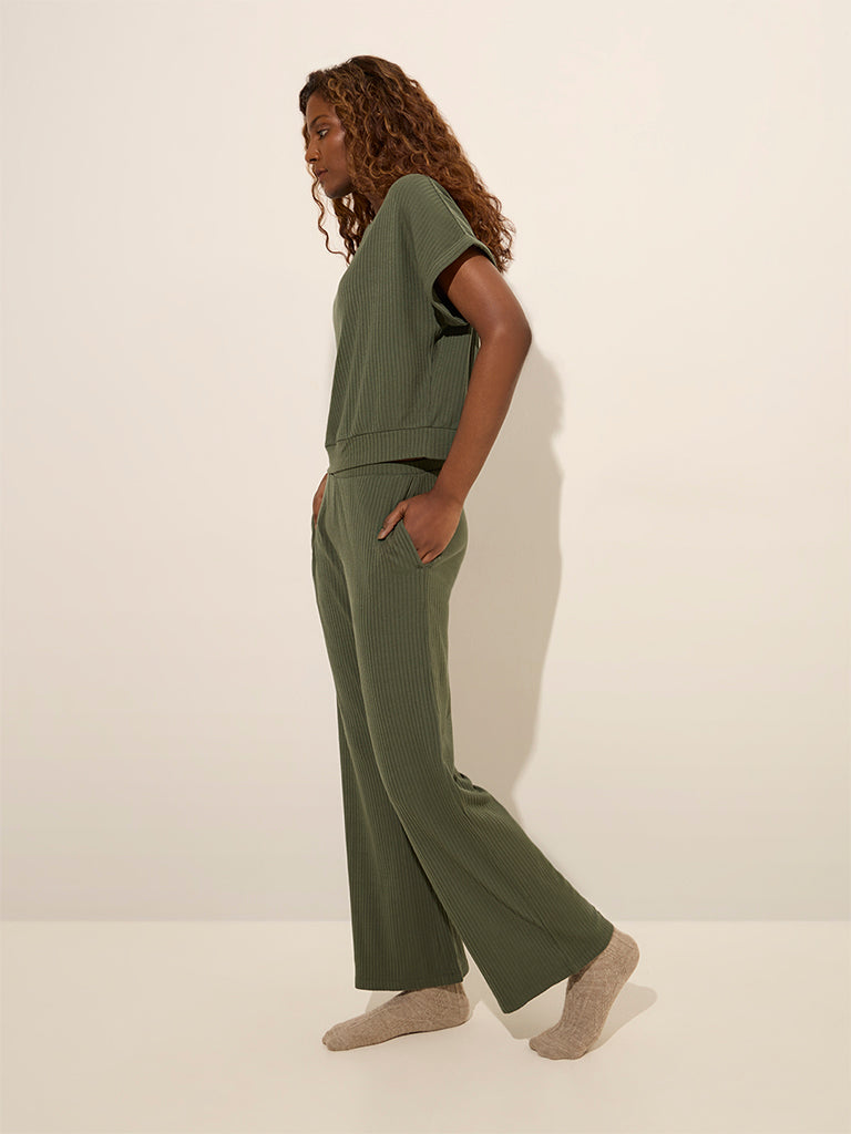 Wunderlove Olive Ribbed High-Rise Lounge Pants