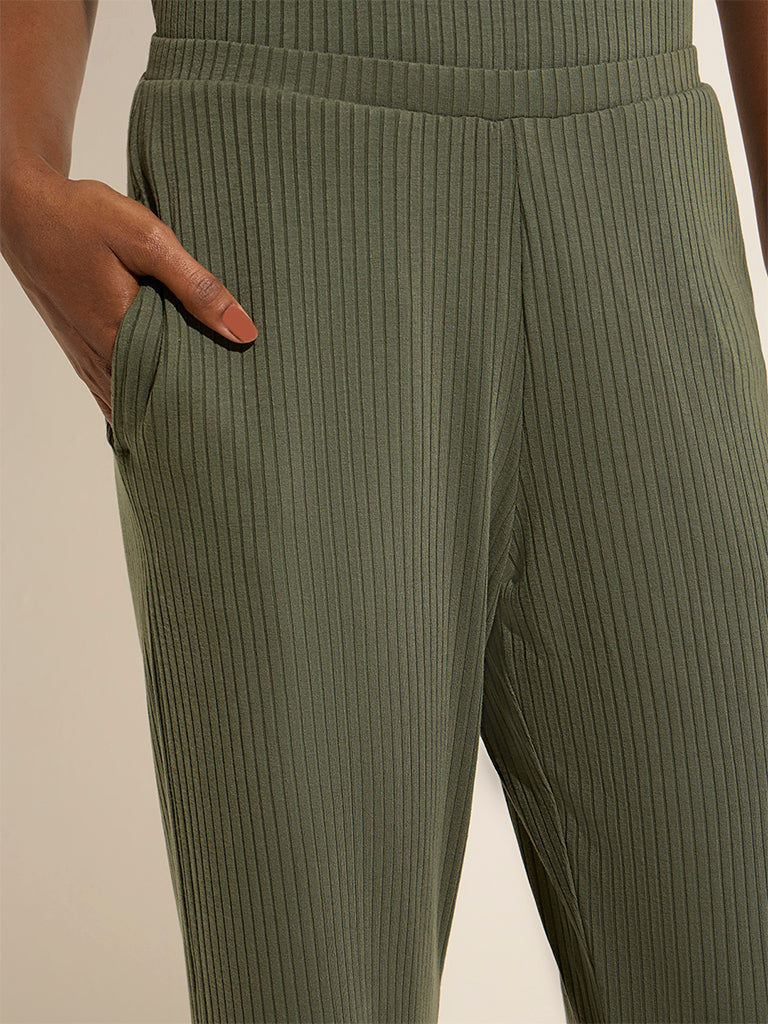 Wunderlove Olive Ribbed High-Rise Lounge Pants