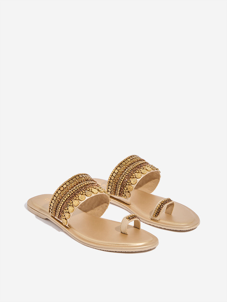 LUNA BLU Bronze Embellished Kolhapuri Sandals