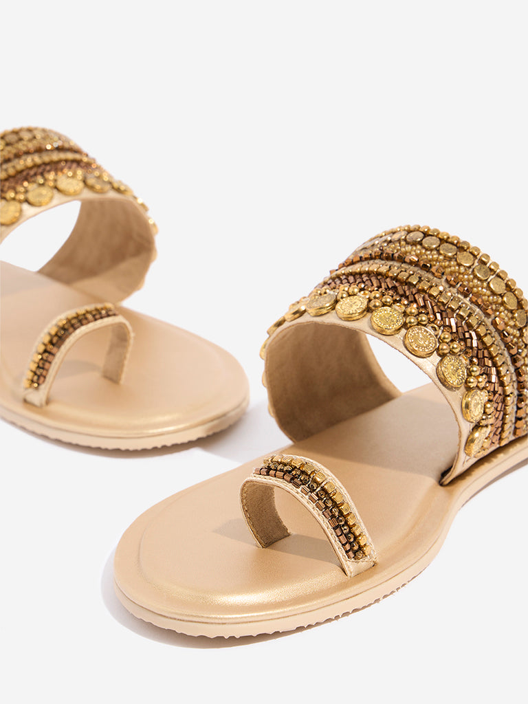 LUNA BLU Bronze Embellished Kolhapuri Sandals