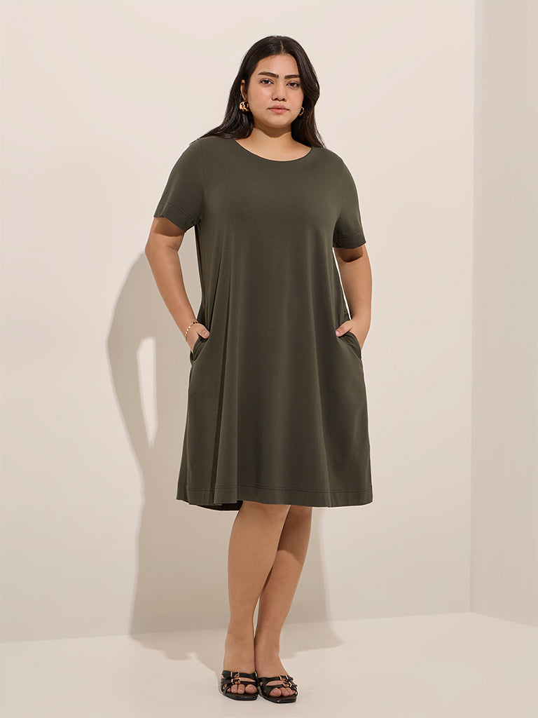 Gia Olive Solid Cotton-Blend A-Line Dress