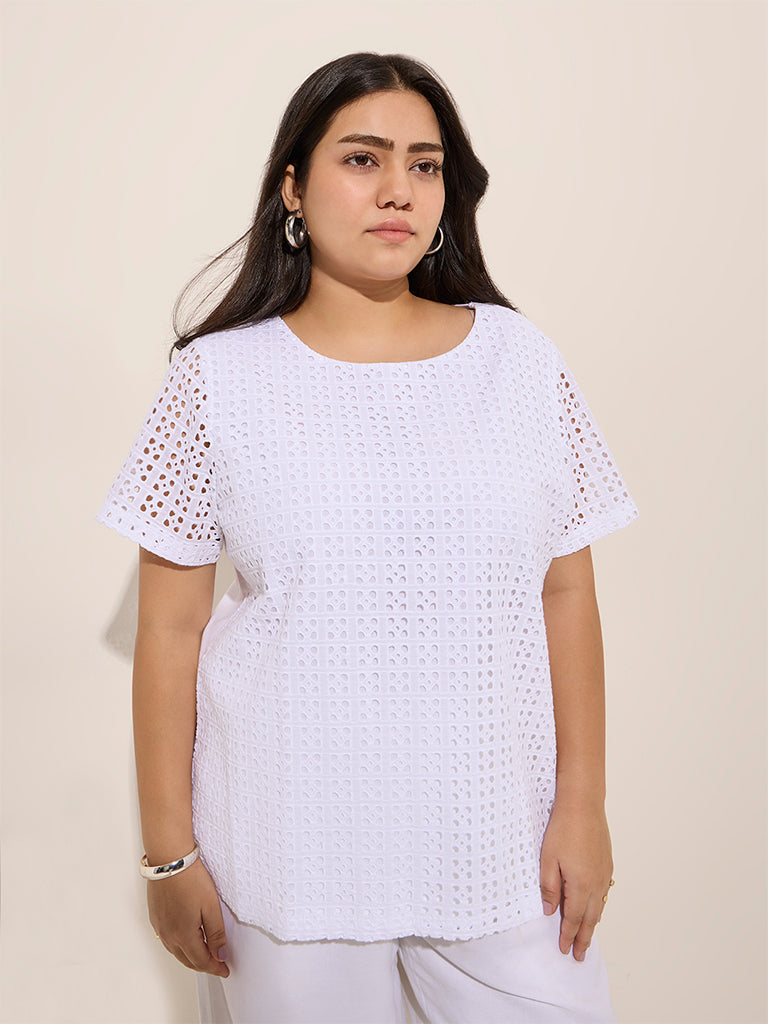 Gia White Laser-Cut Detailed Cotton Top