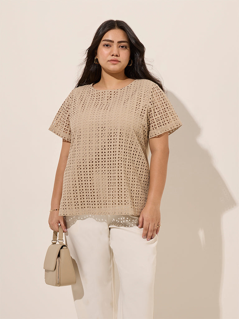 Gia Beige Laser-Cut Detailed Cotton Top