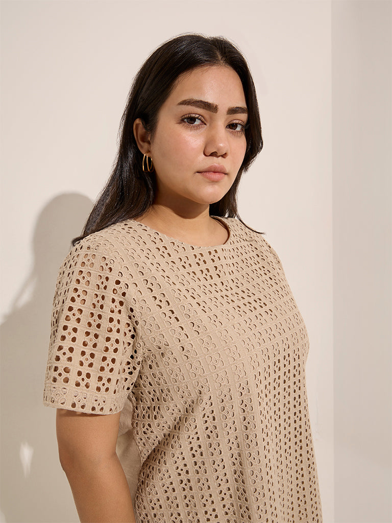 Gia Beige Laser-Cut Detailed Cotton Top