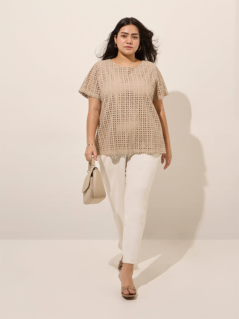 Gia Beige Laser-Cut Detailed Cotton Top