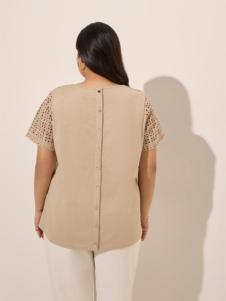 Gia Beige Laser-Cut Detailed Cotton Top