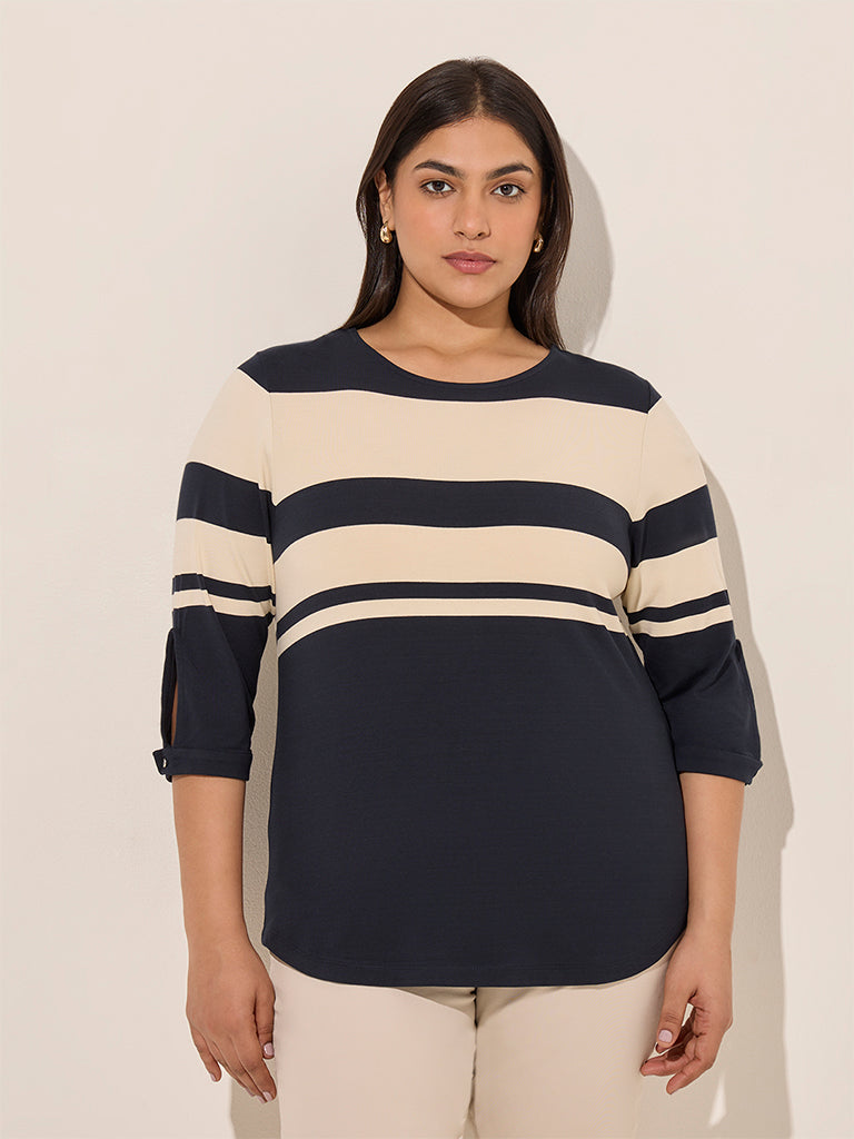 Gia Navy Colour-Blocked Design Cotton-Blend T-Shirt