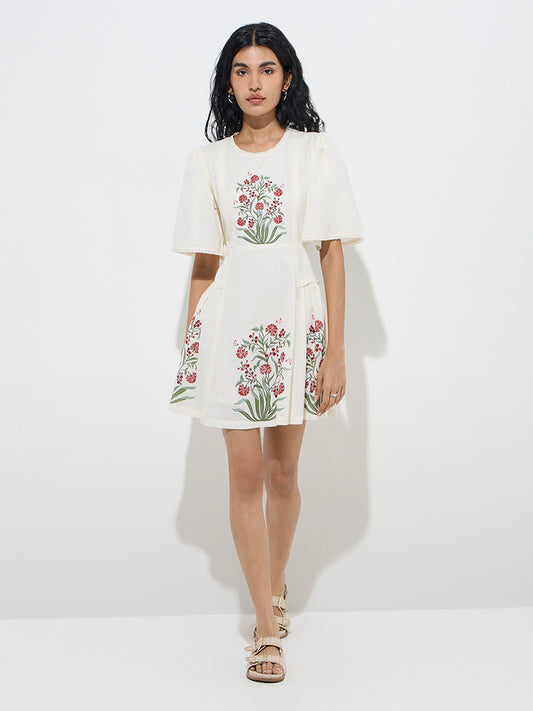 Bombay Paisley White Floral Printed Cotton A-Line Dress