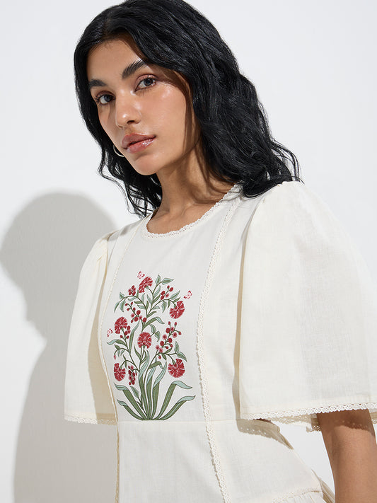 Bombay Paisley White Floral Printed Cotton A-Line Dress