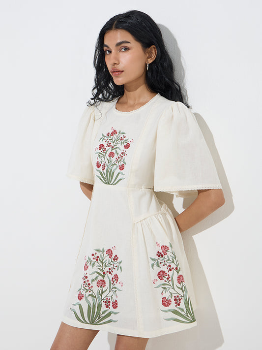 Bombay Paisley White Floral Printed Cotton A-Line Dress