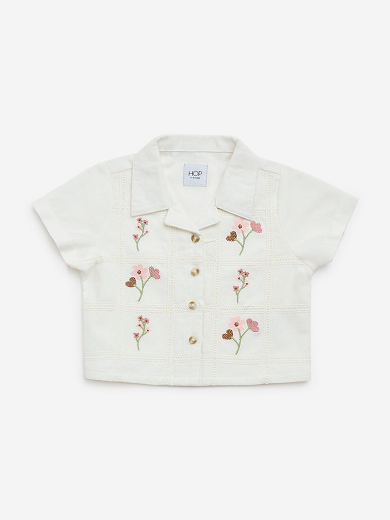 HOP Kids White Floral Embroidered Cotton Shirt