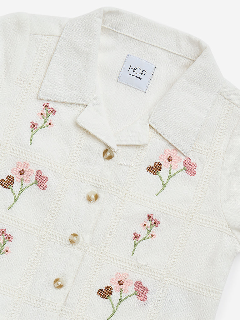 HOP Kids White Floral Embroidered Cotton Shirt