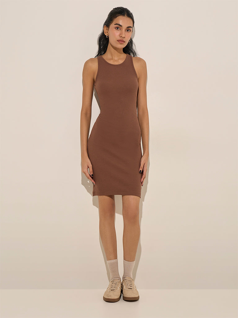 Studiofit Brown Ribbed-Textured Bodycon Dress