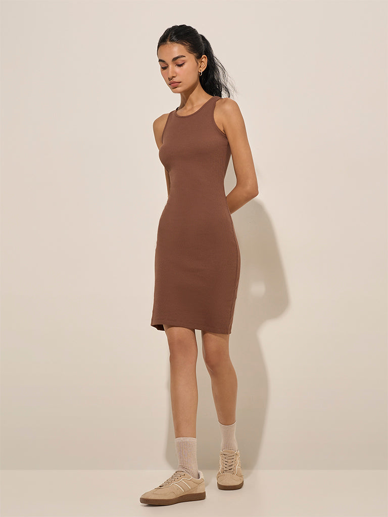 Studiofit Brown Ribbed-Textured Bodycon Dress