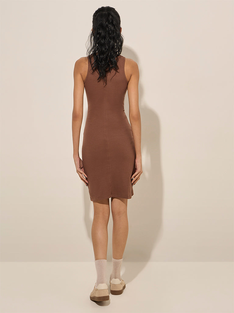 Studiofit Brown Ribbed-Textured Bodycon Dress