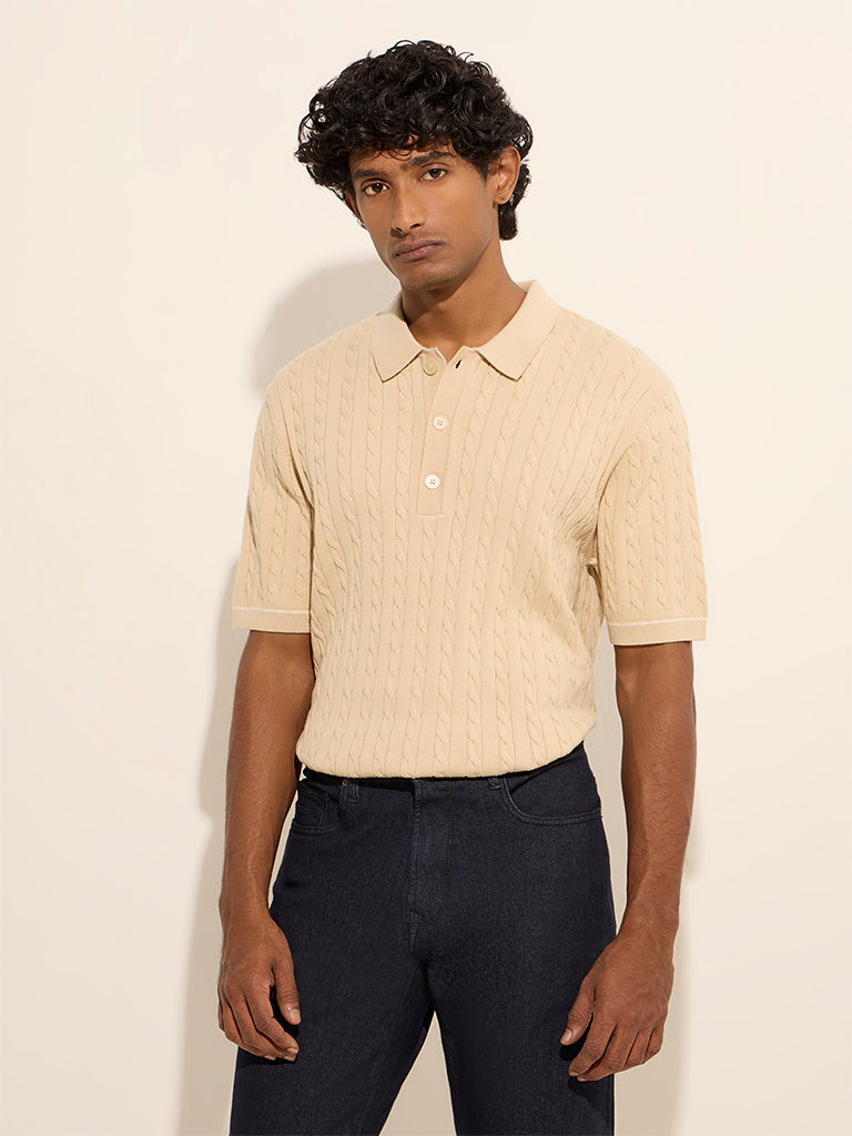 Ascot Beige Cable Knitted Cotton-Blend Polo T-Shirt