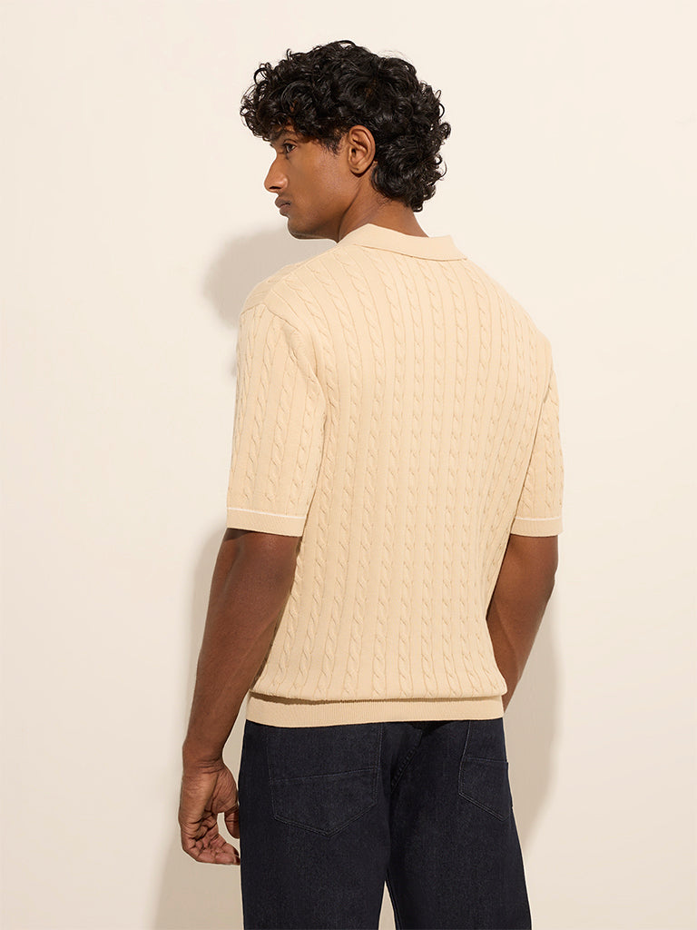 Ascot Beige Cable Knitted Cotton-Blend Polo T-Shirt