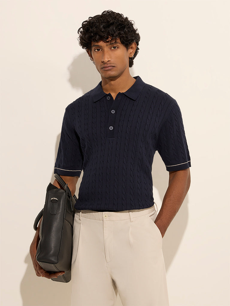 Ascot Navy Cable Knitted Cotton-Blend Polo T-Shirt