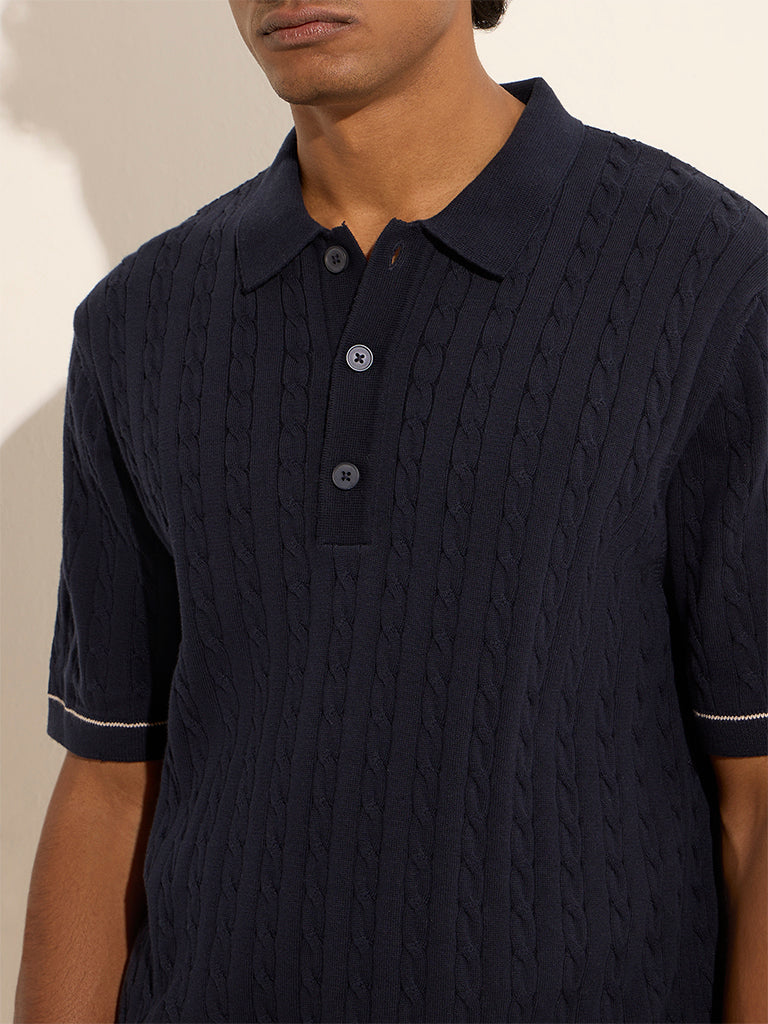 Ascot Navy Cable Knitted Cotton-Blend Polo T-Shirt