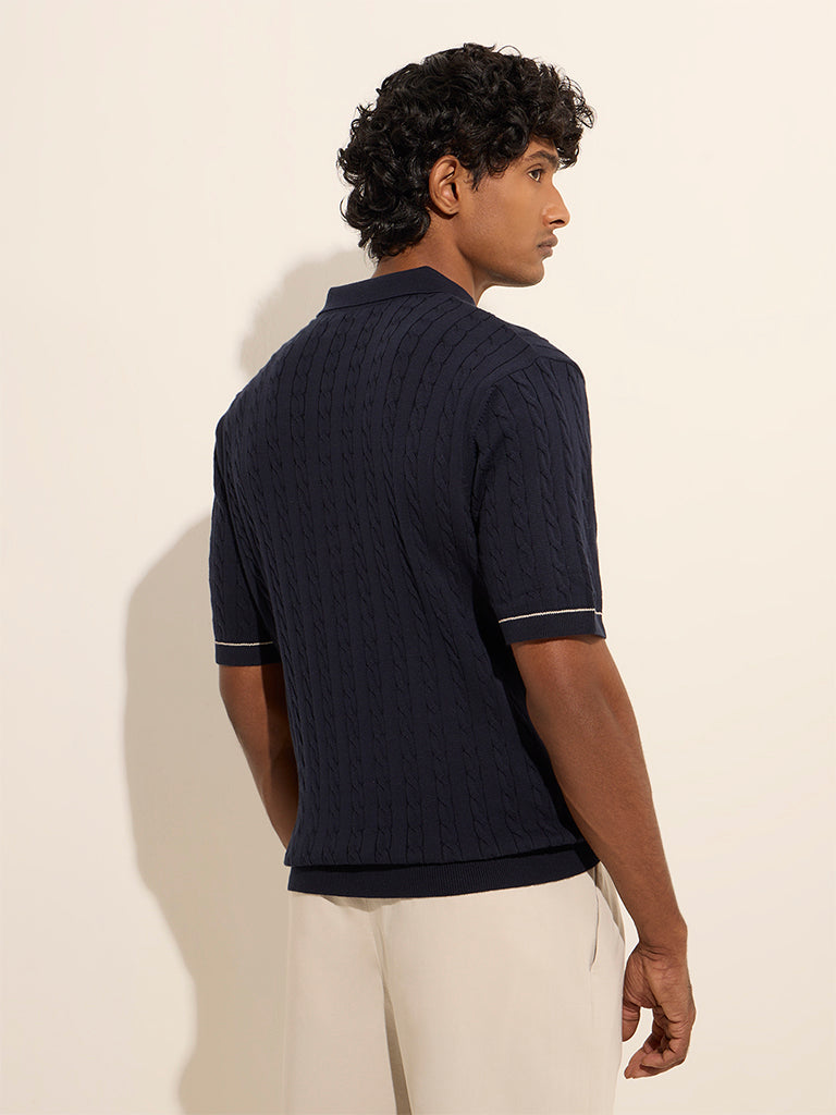 Ascot Navy Cable Knitted Cotton-Blend Polo T-Shirt