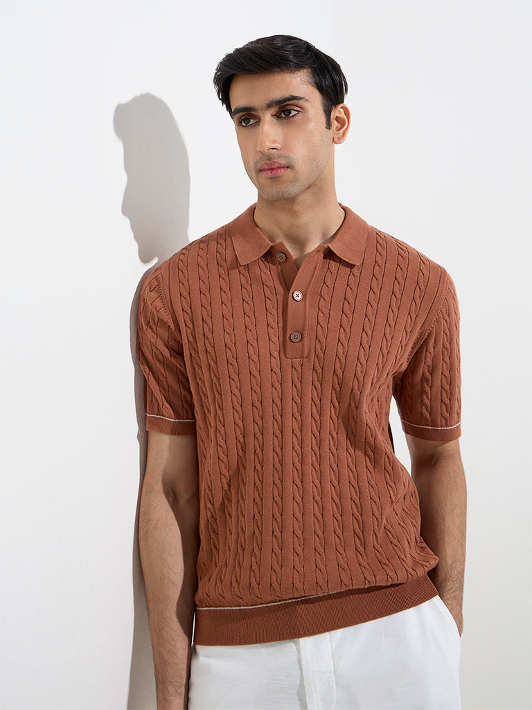 Ascot Rust Knitted Relaxed-Fit Cotton-Blend Polo T-Shirt