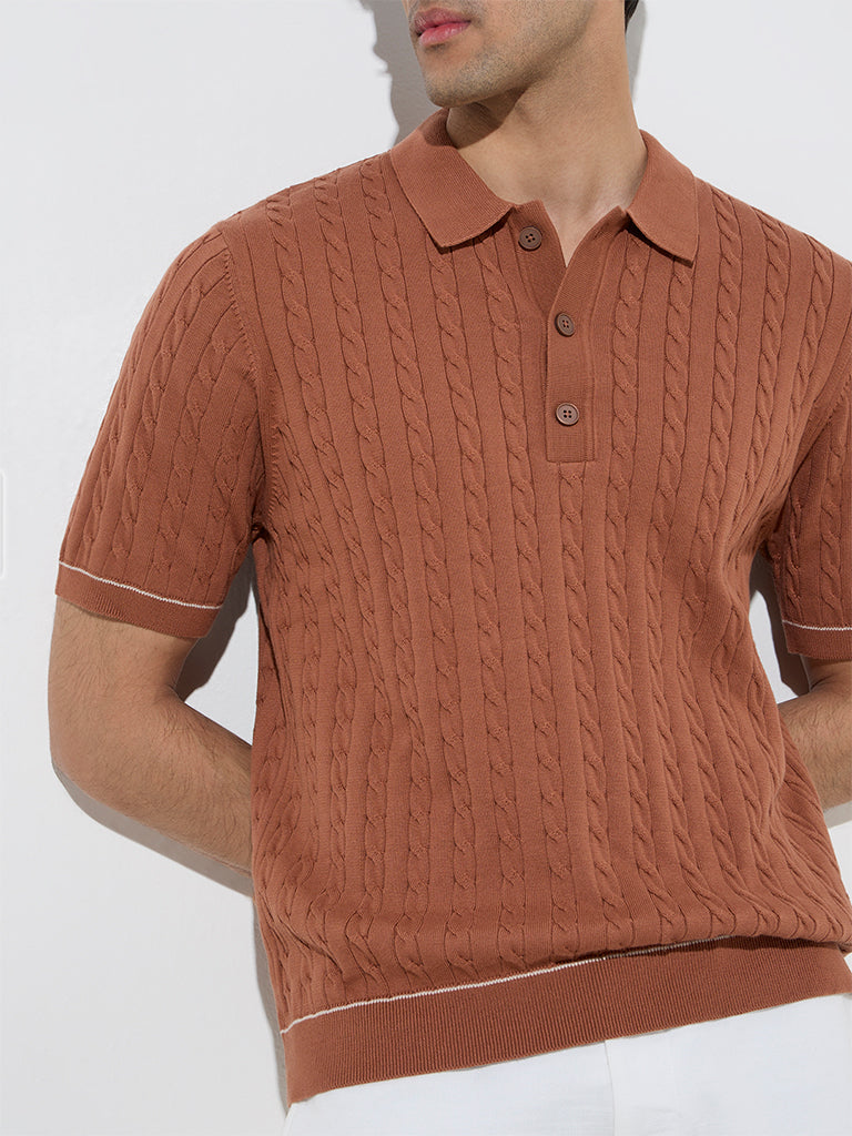 Ascot Rust Knitted Relaxed-Fit Cotton-Blend Polo T-Shirt