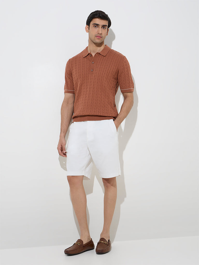 Ascot Rust Knitted Relaxed-Fit Cotton-Blend Polo T-Shirt