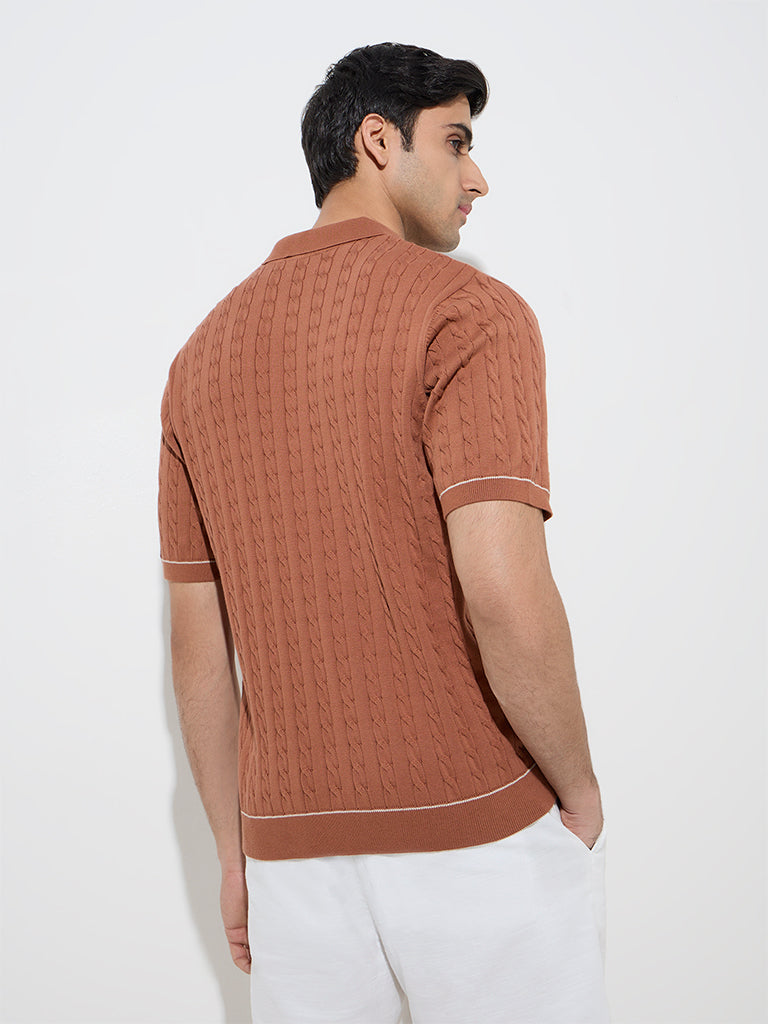 Ascot Rust Knitted Relaxed-Fit Cotton-Blend Polo T-Shirt