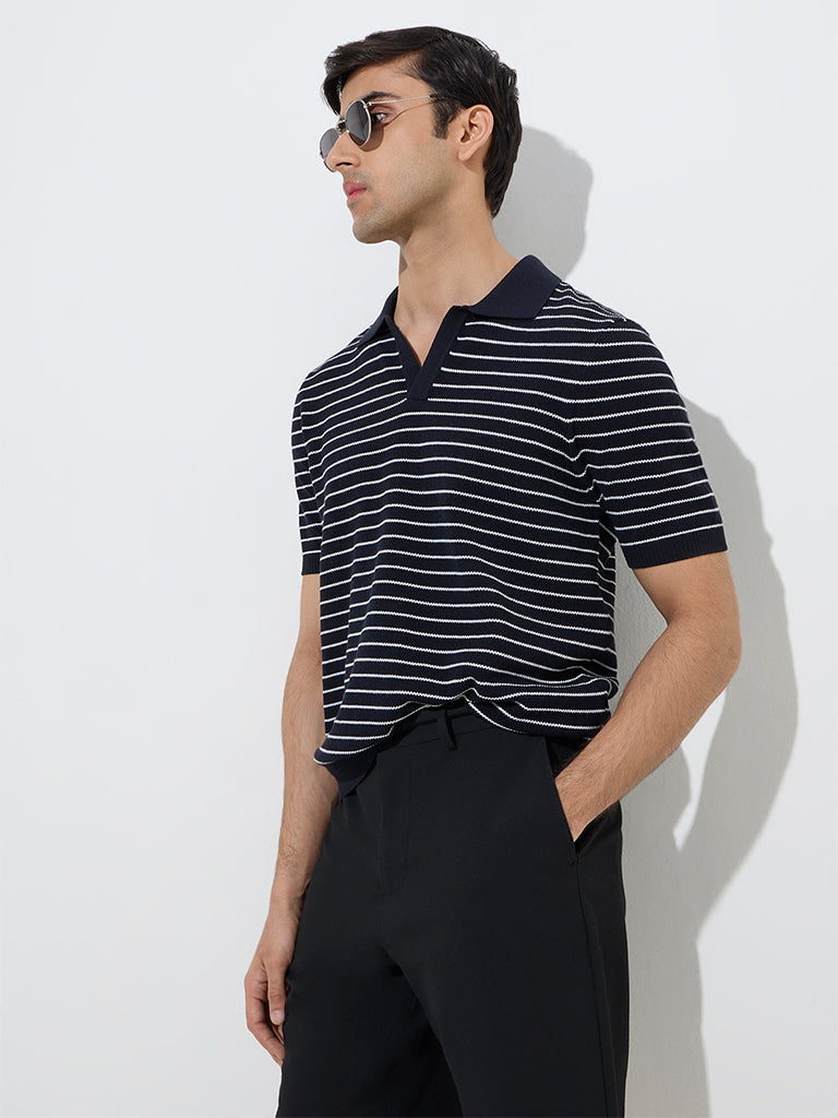 Ascot Navy Striped Relaxed-Fit Cotton-Blend Polo T-Shirt